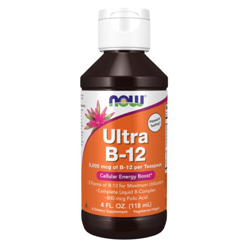 NOW Supplements, Ultra B-12, Liquid, 800 mcg Folic Acid, Cellular Energy Production*, 4-Ounce 4 Fl Oz (Pack of 1)