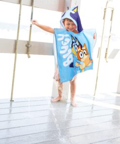 Jay Franco Bluey Piggyback Bath/Pool/Beach Hooded Poncho - Super Soft & Absorbent Cotton Towel, Measures 22 x 22 Inches (Official Bluey Product) Blue - Bluey 17 71fG7efPvkL