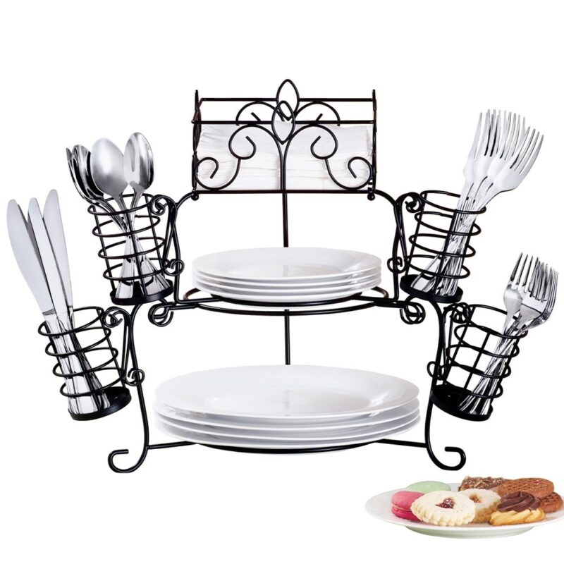 Catalog 5 Collections Etc Metal Buffet Organizer with Scroll Design, 7-Piece Set for Plates, Napkins and Cutlery
