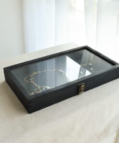 MOOCA Wood Tempered Glass Top Jewelry Display Case Accessories Storage Box with Metal Clasp, Wooden Jewelry Tray for Collectibles, Home Organization, Black 13 71fL76gCxlL