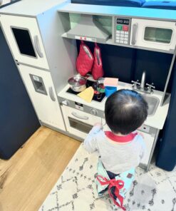 Amazon Basics Kids Upright Wooden Kitchen Toy Playset with Stove, Oven, Sink, Fridge and Accessories, for Toddlers, Preschoolers, Children Age 3+ Years, White & Gray, 39"L x 11.8"W x 39'H' Upright Kitchen 39 71fSM4TzXaL