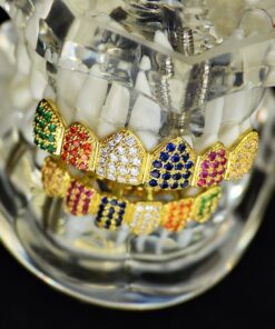 18K Gold Plated Clown Grillz Set Multi-Color CZ Bling Cubic Zirconia Top & Bottom Teeth Hip Hop Grills 11 71fTO7LgqhL