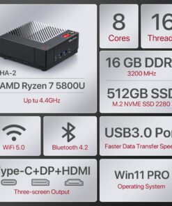 Alternative view of PELADN HA-2 Mini PC, AMD Ryzen 7 5800U (8C/16T up to 4.4Ghz), 16GB DDR4, 512GB NVME SSD, Win 11 Pro, 4K@60Hz HDMI, WiFi 5, Dual LAN Bluetooth 4.2, Compact Desktop Computers.