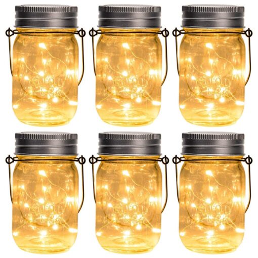 GIGALUMI Hanging Solar Mason Jar Lights, 6 Pack 30 Led String Fairy Lights Hanging Solar Lanterns Outdoor Waterproof, Hangers and Jars Included, Outdoor Decor for Christmas, Wedding, Garden, Patio White