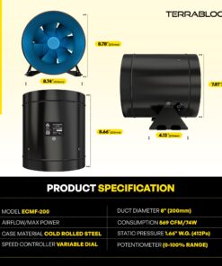TerraBloom ECMF-200, Quiet 8" Inline Duct Fan with 0-100% Variable Speed Controller, Air Tight Metal Casing, Energy Efficient EC Motor. HVAC, Growing and Exhaust Applications Blower for Large Spaces 8" (569CFM, 74W, Regular Case) 15 71fi2qz6MrL