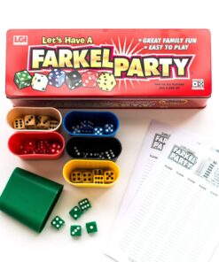 Farkel Party Game, Classic Family Dice Game, 6 Sets of Dice, 6 Dice Rolling Cups, 50-Sheet Scorepad, Fire Engine Red Tin Box, Parties & Game Nights 14 71fiHE80UHL