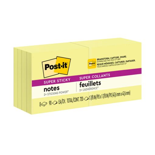 Post-it Super Sticky Notes, 2x2 in, 8 Pads, 2x the Sticking Power, Canary Yellow, Recyclable (622-8SSCY)