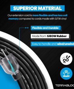 Alternative view of TerraBloom 14/3 Heavy Duty Extension Cord 25 FT Outdoor - Black Outdoor Extension Cord Multiple Outlet - Ultra-Flexible SJEOW Rubber, Light Indicator, Triple Outlet for Maximum Efficiency - 15 Amp 25' (14 Guage, Black)