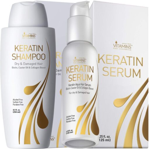 Vitamins Keratin Shampoo and Serum Kit - Protein Clarifying Shampoo and Weightless Anti Frizz Serum Set for Color Treated Frizzy Dry Damaged Hair and Scalp - Shine and Gloss Boost