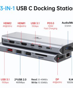 Alternative view of USB C Laptop Docking Station 3 Monitors, 13 in 1 USB C Hub with Dual HDMI+DisplayPort+10Gbps USB A/C, 100W PD, 6 USB, Ethernet, SD/TF, Audio, USB C Dock with iPhone 15/Mac/Dell/HP/Surface/Steam Deck 13-in-1(Dual HDMI+DisplayPort)