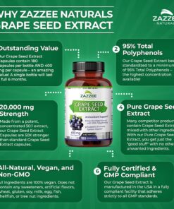 Zazzee High Strength Grape Seed 50:1 Extract, 20,000 mg Strength, 180 Vegan Capsules, 95% Polyphenols, 6 Month Supply, Concentrated, Standardized 50X Extract, 400 mg per Capsule, Non-GMO, All-Natural 23 71fxtiyYIyS