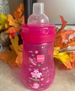 MAM Plastic Trainer Cup (1 Count), 8 oz. Trainer Drinking Cup with Extra-Soft Spout, Spill-Free Nipple, and Non-Slip Handles, for Girls 4+ Months, Designs May Vary Pink 36 71gCGJo3QxL