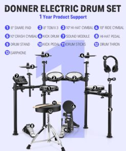 Donner DED-200 Electric Drum Sets with Quiet Mesh Drum Pads, 2 Cymbals w/Choke, 31 Kits and 450+ Sounds, Throne, Headphones, Sticks, USB MIDI, Melodics Lessons (5 Pads, 3 Cymbals) 21 71gG3X8UvsL