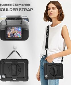 SEYMAC iPad Air 5th/ 4th Generation Case 10.9 Inch, Full-Body Shockproof Protective with Screen Protector, 360° Rotating Stand/Handle/Shoulder Strap/Pencil Holder, Black For iPad Air 5th/4th Generation 28 71gMSz5VML