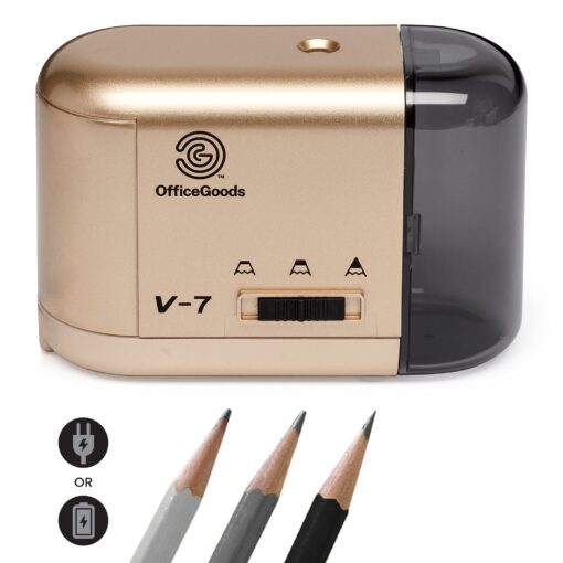 OfficeGoods Electric Pencil Sharpener - Battery or Cord Powered Portable Sharpener - Perfectly Sharpens Colored Pencils, Drafting Pencils for Artists, Office, School & Home - Gold