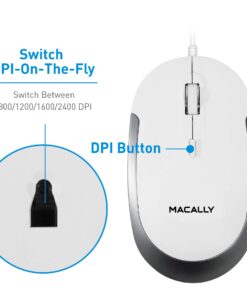 Macally Silent Wired Mouse - Slim & Compact USB Mouse for Apple Mac or Windows PC Laptop/Desktop - Designed with Optical Sensor & DPI Switch - Simple & Comfortable Wired Computer Mouse (White) White with Silver Trim 30 71gP5y5Me3L