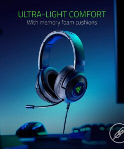 Razer Kraken X USB Ultralight Gaming Headset: 7.1 Surround Sound - Lightweight Frame - Green Logo Lighting - Integrated Audio Controls - Bendable Cardioid Microphone - for PC - Classic Black Green Lighting Only 27 71gSlshylZL