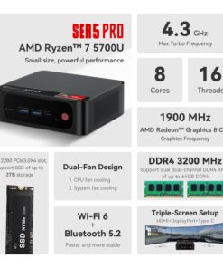 Alternative view of Beelink Mini PC AMD Ryzen 7 5700U Up to 4.3GHz 8C/16T, SER5 16GB RAM 1TB SSD Graphics 8core 1900 MHz, M.2 SSD NVME 2280 Mini Computer WiFi 6/BT5.2/HDMI/DP/USB3.2,Gaming/Office R7-5700U 16G+1TB