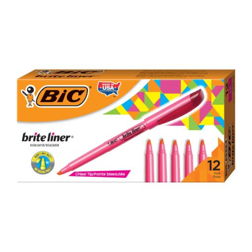 BIC Brite Liner Highlighter, Chisel Tip For Broad Highlighting & Fine Underlining, Pink, 12-Count