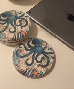 Thirstystone Monterey Bay 4 Pack Round Absorbent Stone Coasters with Protective Cork Backing Manufactured in the USA Artistic Absorbent Easily Wipes Clean 31 71giva1qdXL