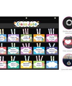 REGELETO Class Jobs Pocket Chart with 70 Colorful Dry Erase Cards and 3 Hooks,Class Management Educational Pocket Chart Teacher's Helper Size: 24.5”x21.8”inch Bulletin Board for Classroom (Black) 16-Pockets 26 71gj9UXtOJL