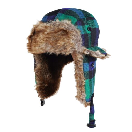 ONWAY Buffalo Plaid Aviator Fur Trapper Hat Ushanka Eskimo Russian Bomber Hat with Ear Flaps for Women Men Green