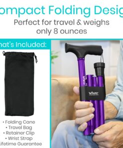 Vive Folding Cane - Foldable Walking Cane for Men, Women - Fold-up, Collapsible, Lightweight, Adjustable, Portable Hand Walking Stick - Balancing Mobility Aid - Sleek, Comfortable T Handles (Purple) Purple 31 71gotbtoAfL