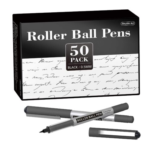 Shuttle Art RollerBall Pens, 50 Pack Black Fine Point Roller Ball Pens, 0.5mm Liquid Ink Pens for Writing Journaling Taking Notes School Office 50 Count (Pack of 1)