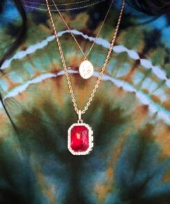 Mens 14k Gold Plated Iced Out Red Ruby Octagon Hip Hop Pendant with 3mm 24" Rope Chain M3 19 71gvfAK3jaL