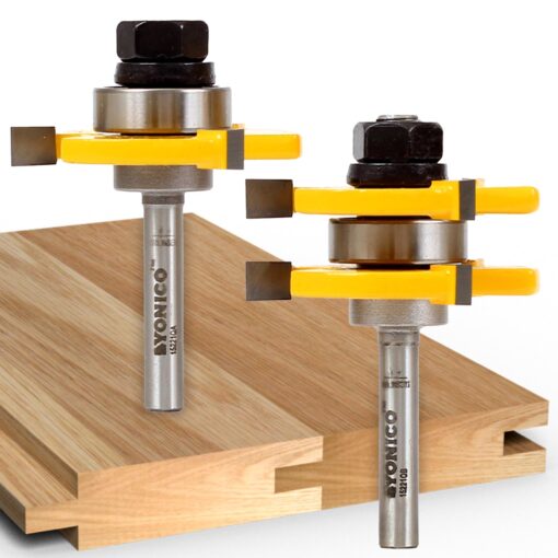 YONICO Tongue and Groove Router Bits Set Up to 3/4-Inch Stock 1/2" Cutting Depth 2 Bit Set 1/4-Inch Shank for Edge-to-Edge Hardwood Flooring, Paneling, Cabinet Door, Plywood Sheathing 15221q Up to 3/4" Stock - 1/2" Depth - 1/4" Shank