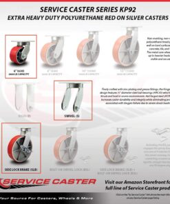 Extra Heavy Duty Kingpinless 6” x 3” Red Polyurethane Tread on Metal Core Caster Set of 4-2 Swivel with Bolt on Swivel Locks/2 Swivel with Brakes - 8,000 lbs. Total Capacity - Service Caster 6" Wheel 4 Swivel w/2 Brakes & 2 Swivel Locks 8 71gxjXOKORL