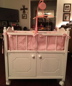 Badger Basket Toy Doll Bed with Storage Cabinet, Gingham Bedding, and Personalization Kit for 22 inch Dolls - White/Pink 52 71h RwNYNkL