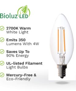 Bioluz LED 4W Filament Candelabra Bulb, E12 Base High Efficiency LED Candle Bulbs, UL Listed, Pack of 6 6 Count (Pack of 1) 28 71h0g0Qd9gL