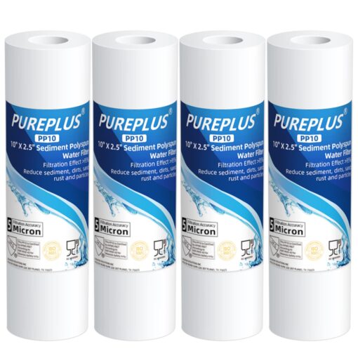 PUREPLUS 5 Micron 10" x 2.5" Whole House Sediment Home Water Filter Cartridge Replacement for Any 10 inch RO Unit, Culligan P5, Aqua-Pure AR110, Dupont WFPFC5002, CFS10, WHKF-G05, 4Pack 10"*2.5" 4 Count (Pack of 1)