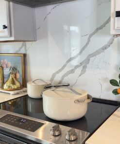 Caraway Nonstick Ceramic Cookware Set (12 Piece) Pots, Pans, 3 Lids and Kitchen Storage - Non Toxic, PTFE & PFOA Free - Oven Safe & Compatible with All Stovetops (Gas, Electric & Induction) - Cream 41 71hBleN61L