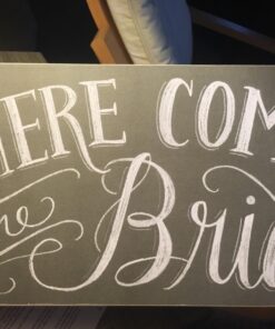 Primitives by Kathy 26915 Chalk Art Wedding Hanging Sign, 12 x 6-Inches, Here Comes the Bride 23 71hGG4cyH L