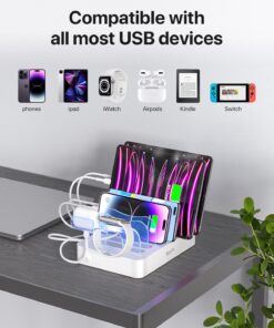 SooPii Premium 6-Port USB Charging Station Organizer for Multiple Devices, 6 Short Charging Cables and One Upgraded i-Watch Charger Holder Included, for Phones, Tablets, and Other Electronics, White 29 71hUmKHjekL