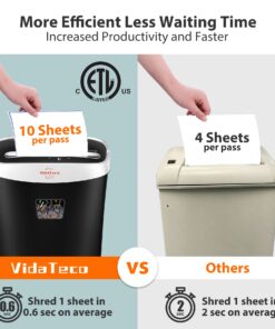 Paper Shredder for Home Office,VidaTeco 10-Sheet Cross-Cut Shredder with US Patented Cutter,Also Shreds Card/CD/Clip,Paper Shredder for Home Use Heavy Duty,Durable with Jam Proof,3.9-Gallon Bin(ETL) 26 71hWcN 15L