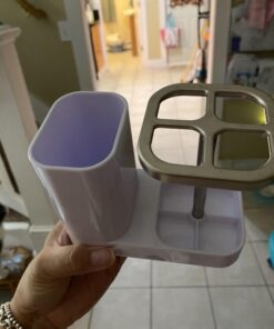 mDesign Plastic Toothbrush Storage Organizer Holder with Cup for Bathroom, Vanity, Countertop Space - Holds Brushes, Toothpaste, Floss, Dental Accessories - White/Satin 31 71hfPzK2x2L