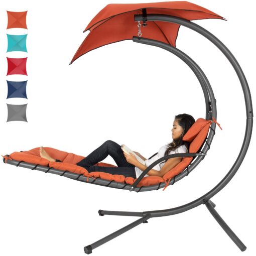 Best Choice Products Outdoor Hanging Curved Steel Chaise Lounge Chair Swing w/Built-in Pillow and Removable Canopy, Orange