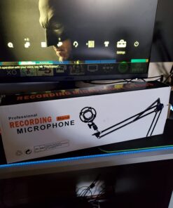 Eastshining Upgraded Adjustable Microphone Suspension Boom Scissor Arm Stand with Shock Mount Mic Clip Holder 3/8'' to 5/8'' Screw Adapter -for Blue Yeti, Snowball & Other Microphones stand with adapter 40 71hkQzonP3L