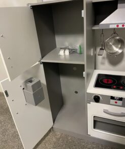 Amazon Basics Kids Upright Wooden Kitchen Toy Playset with Stove, Oven, Sink, Fridge and Accessories, for Toddlers, Preschoolers, Children Age 3+ Years, White & Gray, 39"L x 11.8"W x 39'H' Upright Kitchen 33 71hq0MshV L