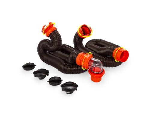 Camco 20' (39741) RhinoFLEX 20-Foot RV Sewer Hose Kit, Swivel Transparent Elbow with 4-in-1 Dump Station Fitting-Storage Caps Included , Black , Brown 20ft Sewer Hose Kit Standard Packaging