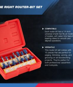 HILTEX 10100 Tungsten Carbide Router Bits, 15 Piece Router Bit Set, 1/4” Router Bit Shank Tungsten Carbide Router Bits, Chamfer Router Bits for Woodworking on Wood , Blue 15 Piece Set 25 71i5jy2gj6L