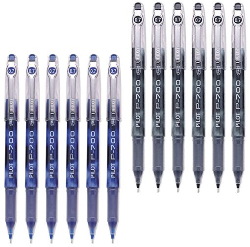 Pilot P-700 Rollerball Stick Gel Pen, 6 Black Pens & 6 Blue Pens, (12 PACK)