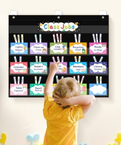 REGELETO Class Jobs Pocket Chart with 70 Colorful Dry Erase Cards and 3 Hooks,Class Management Educational Pocket Chart Teacher's Helper Size: 24.5”x21.8”inch Bulletin Board for Classroom (Black) 16-Pockets 27 71iBlnFEsfL