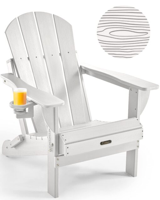 Ciokea Folding Adirondack Chair Wood Texture, Patio Adirondack Chair Weather Resistant, Plastic Fire Pit Chair with Cup Holder, Lawn Chair for Outdoor Porch Garden Backyard Deck (White) White