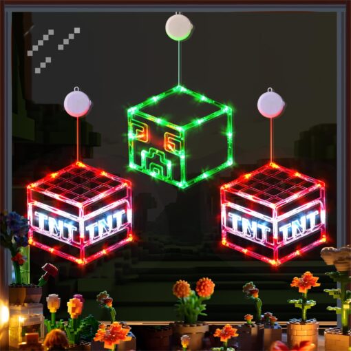 Bupelo Pixel Game Themed Decorations, 3 Pack Creeper & TNT Window Lights with Suction Cup Battery Operated, Miner Crafting Birthday Gift Decorations Lights, Kid's Bedroom Ornament Gaming Room Decor