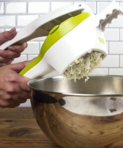 RSVP International (SPUD) Potato Ricer, White/Green | Mash Potatoes, Fruits, Vegetables & More | Includes Medium & Coarse Plates | Pot Resting Extension | Dishwasher Safe 19 71iivmet8S