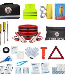 Alternative view of Roadside Assistance Emergency Car Kit - First Aid Kit, Jumper Cables, Tow Strap, led Flash Light, Rain Coat, Tire Pressure Gauge, Safety Vest and More Ideal Winter Accessory for Your Car (Black) Black